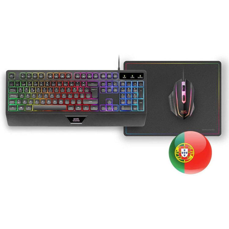 Mars Gaming combo: black keyboard with rainbow backlight, mouse, and mousepad.