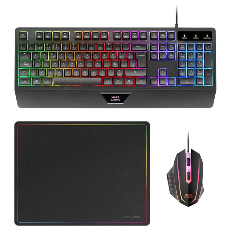 Mars Gaming RGB keyboard, mouse, and mousepad set, black with rainbow backlight.