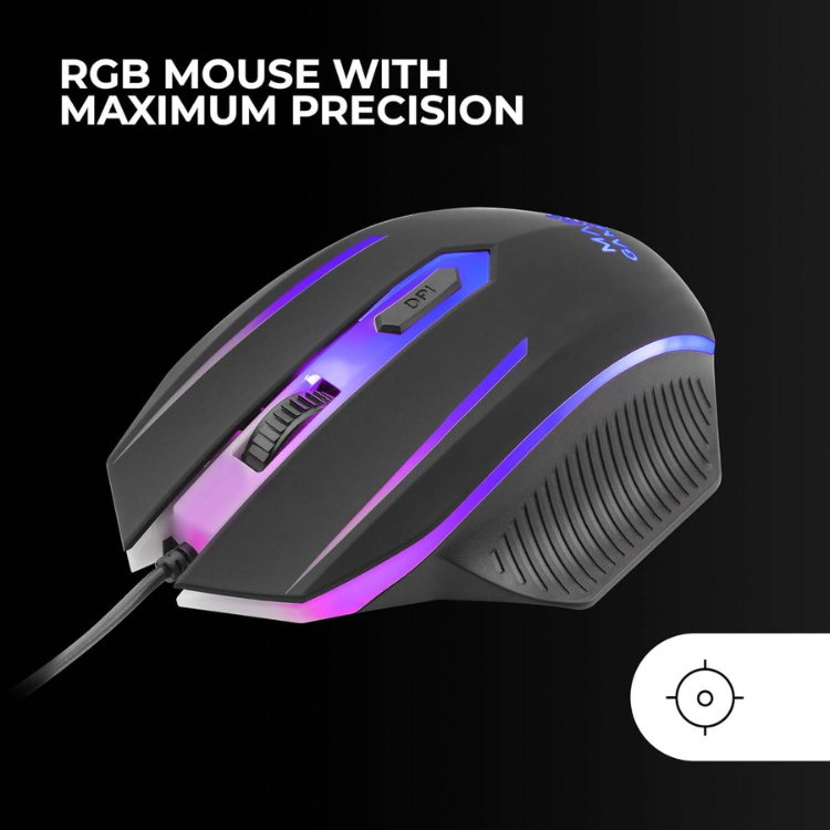 Black gaming mouse with RGB purple and blue lights, MARS GAMING logo.