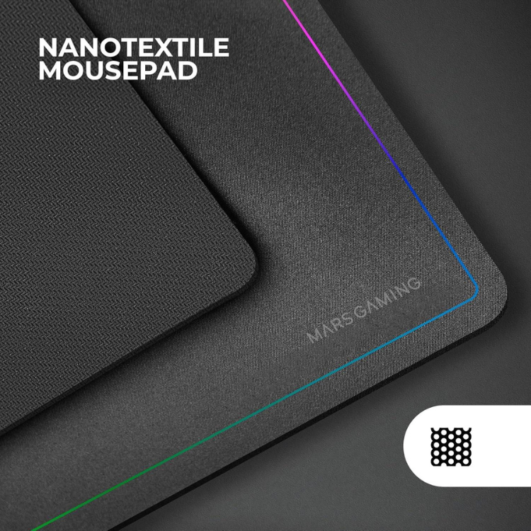 Black gaming mousepad, Mars Gaming, nanotextile, RGB edge lighting.