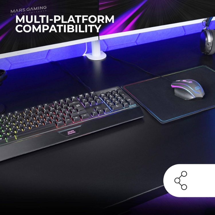 Mars Gaming black RGB keyboard, mouse, and mousepad set on a desk.