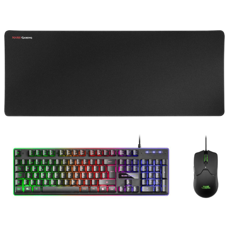 Mars Gaming MCPXWPT bundle: black RGB mousepad, wireless keyboard with colorful backlight, and black wireless mouse.