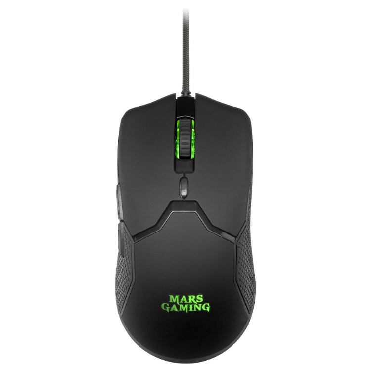 Black Mars Gaming mouse with green accents and logo, cord and scroll wheel visible.