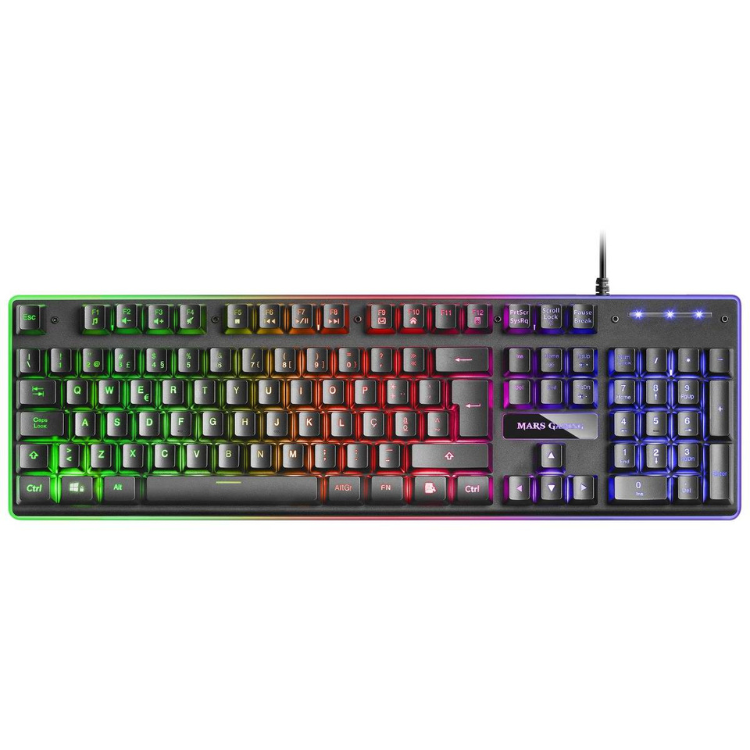 Black Mars Gaming keyboard with RGB rainbow backlight, Portuguese layout, and wired connection.