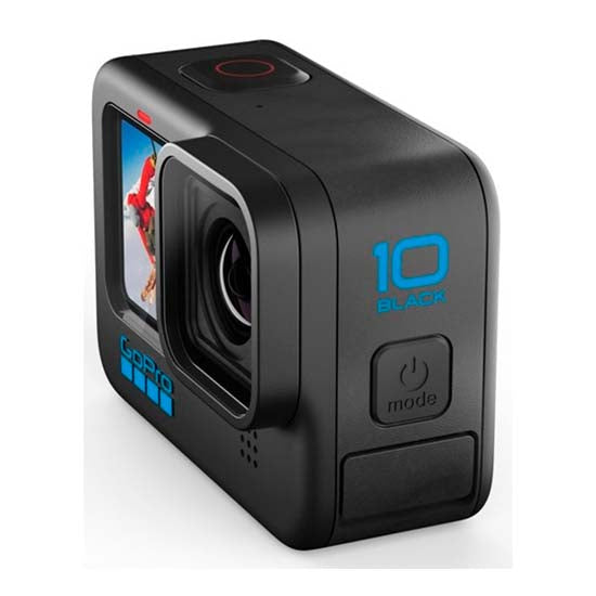 Black GoPro Hero 10 action camera with blue text and red accents.