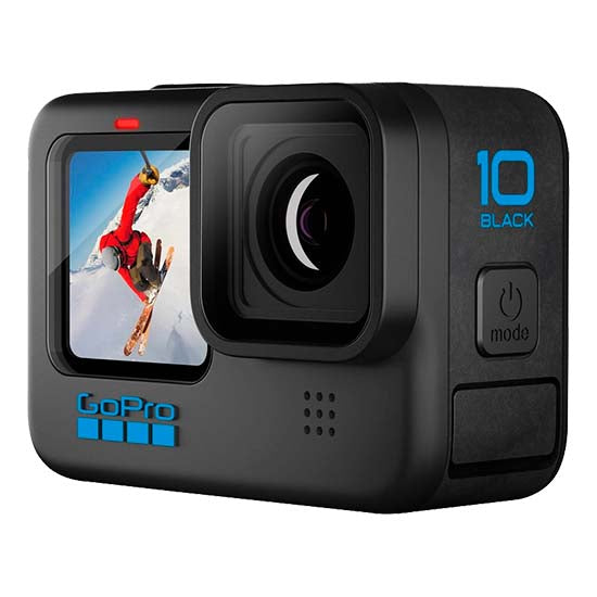 Black GoPro Hero 10 action camera with LCD screen showing skier.