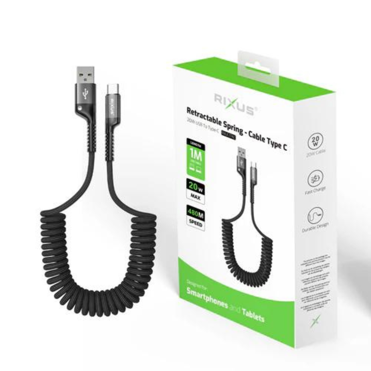 Cabo de Dados Rixus Retractable Spring USB-A p/ USB-C