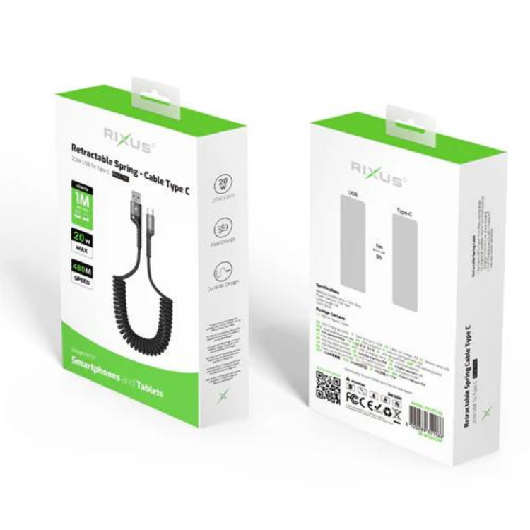 Cabo de Dados Rixus Retractable Spring USB-A p/ USB-C