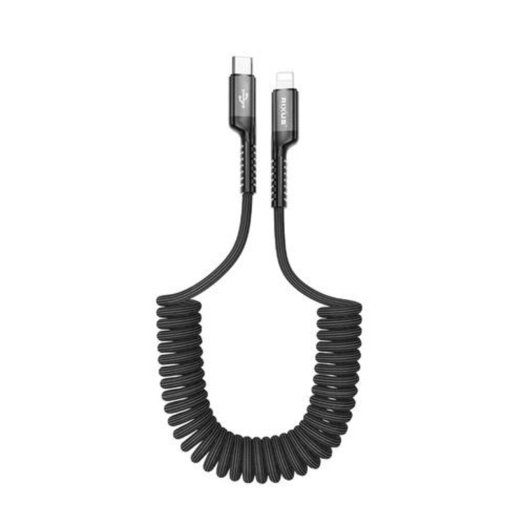 Cabo Rixus retrátil preto com conector Type-C e Lightning.