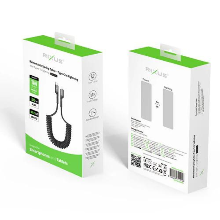 Cabo Rixus Retrátil Type-C para Lightning preto, caixa com informações de produto.