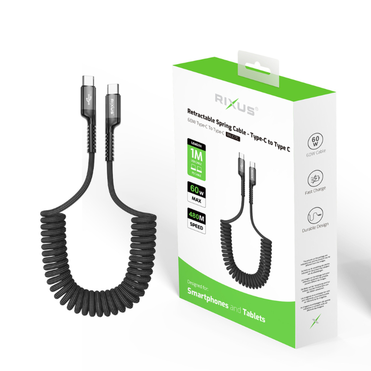 Cabo Rixus retrátil preto Type-C para Type-C, 60W, para smartphones e tablets.