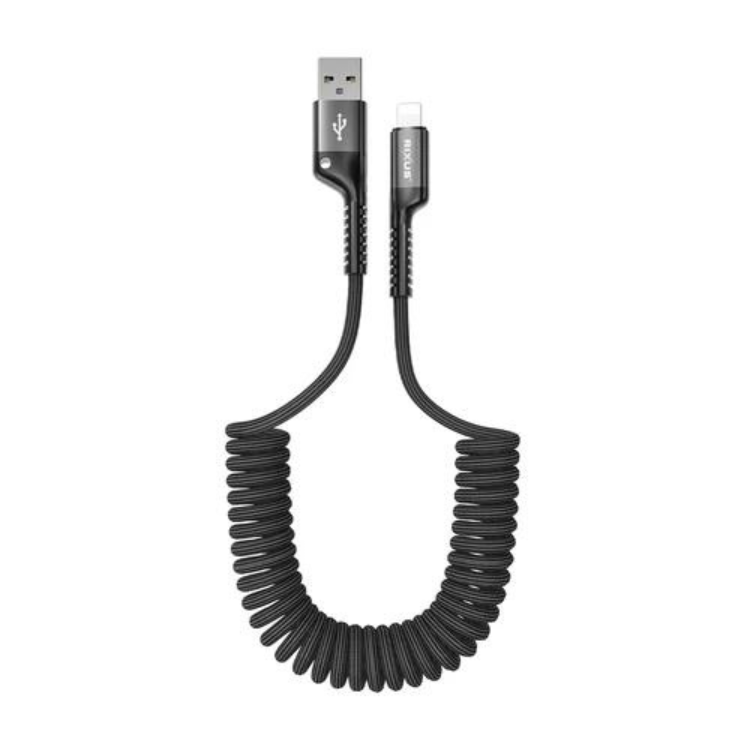 Cabo Rixus retrátil USB-A para Lightning preto com conector USB-A e conector Lightning.