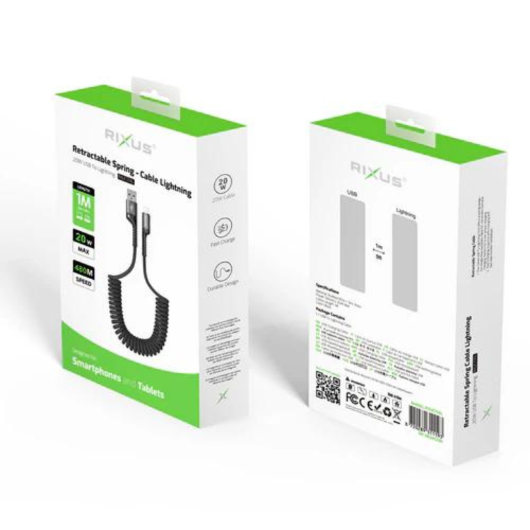 Cabo Rixus Retractable Spring USB-A para Lightning Preto