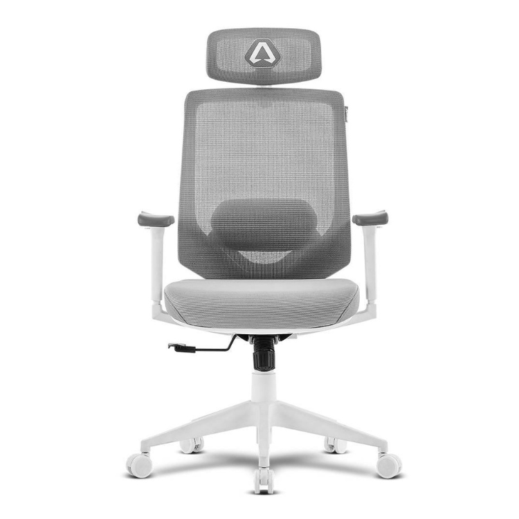 Alpha Gamer Stella ergonomic office chair, white and grey mesh, adjustable headrest.