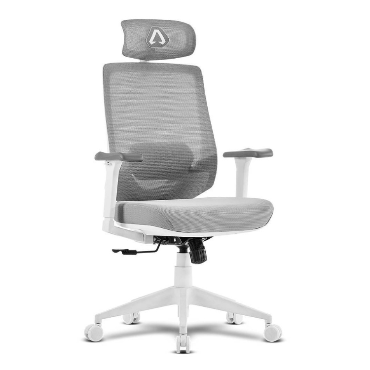 Grey and white ergonomic office chair with headrest, Alpha Gamer Stella brand.