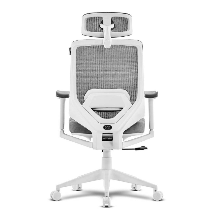 White and grey ergonomic office chair with adjustable headrest and mesh back.