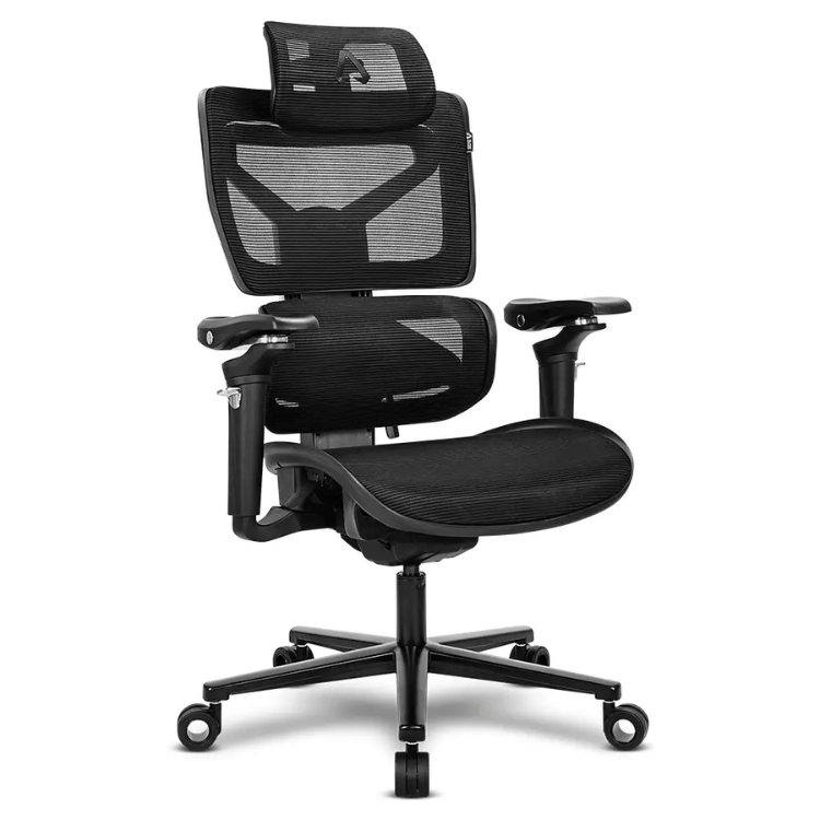Black ergonomic office chair with mesh back and headrest, adjustable armrests, and wheels.