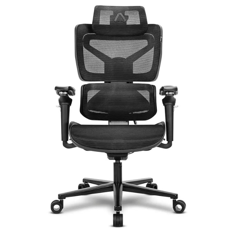 Black ergonomic gaming chair with mesh back and headrest, adjustable armrests, and five caster wheels.