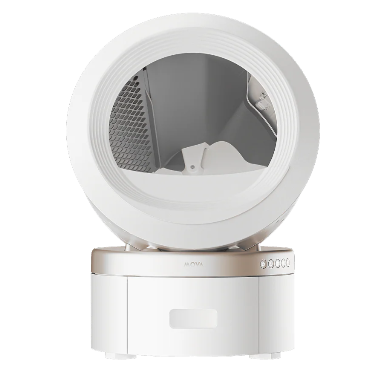 White automatic cat litter box, MOVA, with open lid showing gray interior and control buttons on beige and white base.