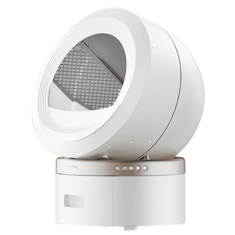 White automatic cat litter box, MOVA, with control panel and open lid showing gray grate, on white background.
