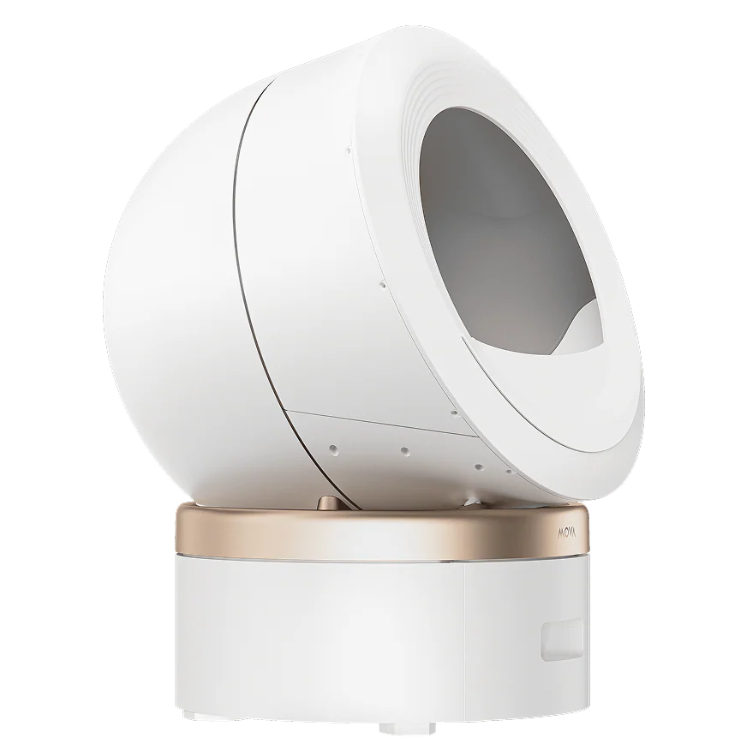 White and gold automatic cat litter box, MOVA LR10 Prime, with open lid.