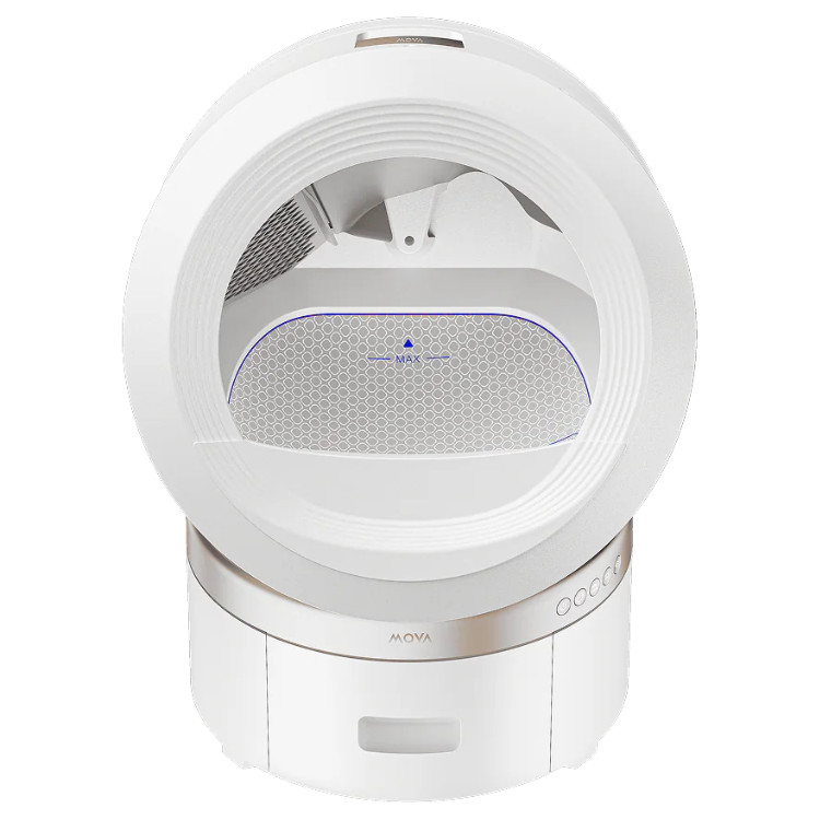 White automatic cat litter box, MOVA LR10 Prime, with honeycomb-patterned interior and control buttons.