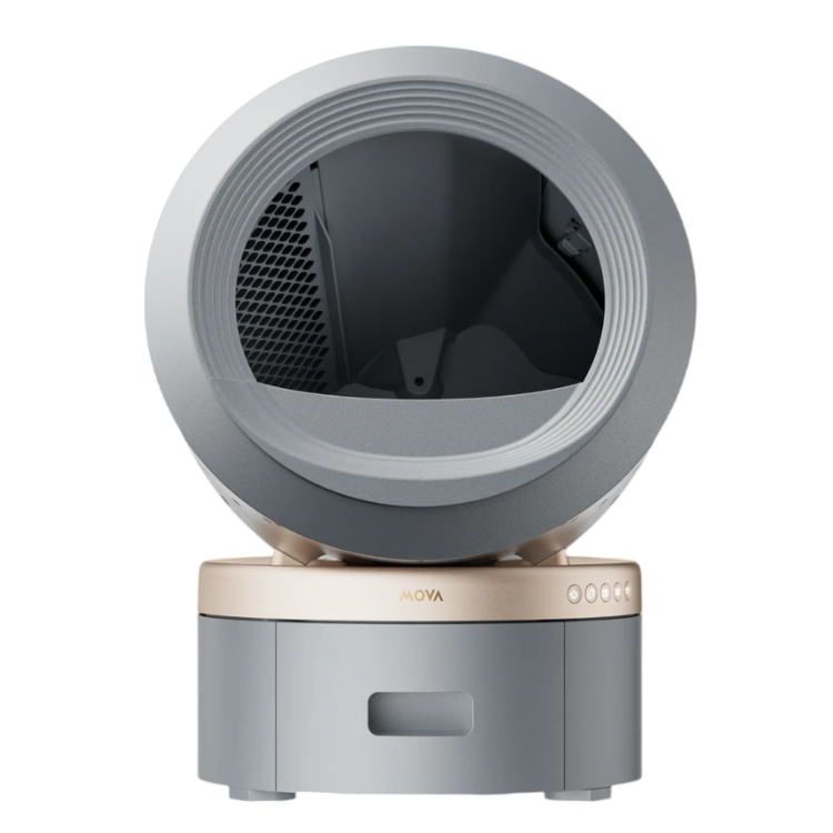 Caixa de Areia Inteligente MOVA LR10 Prime Cinzento com tampa aberta, base cinzenta e detalhes em bege.