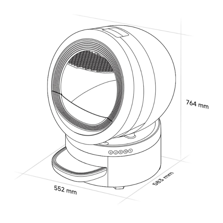 Caixa de Areia Inteligente MOVA LR10 Prime Cinzento, vista 3D com dimensões: 552x583x764 mm.