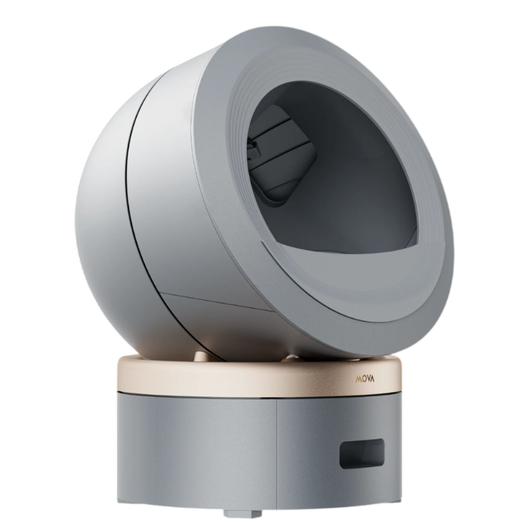 Caixa de areia inteligente MOVA LR10 Prime cinzento com base bege e abertura oval inclinada.