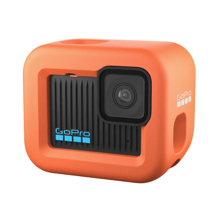 GoPro HERO orange waterproof case with black lens and blue logo