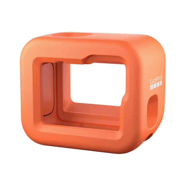 Orange GoPro Floaty for HERO, rectangular with open center and hole on side.