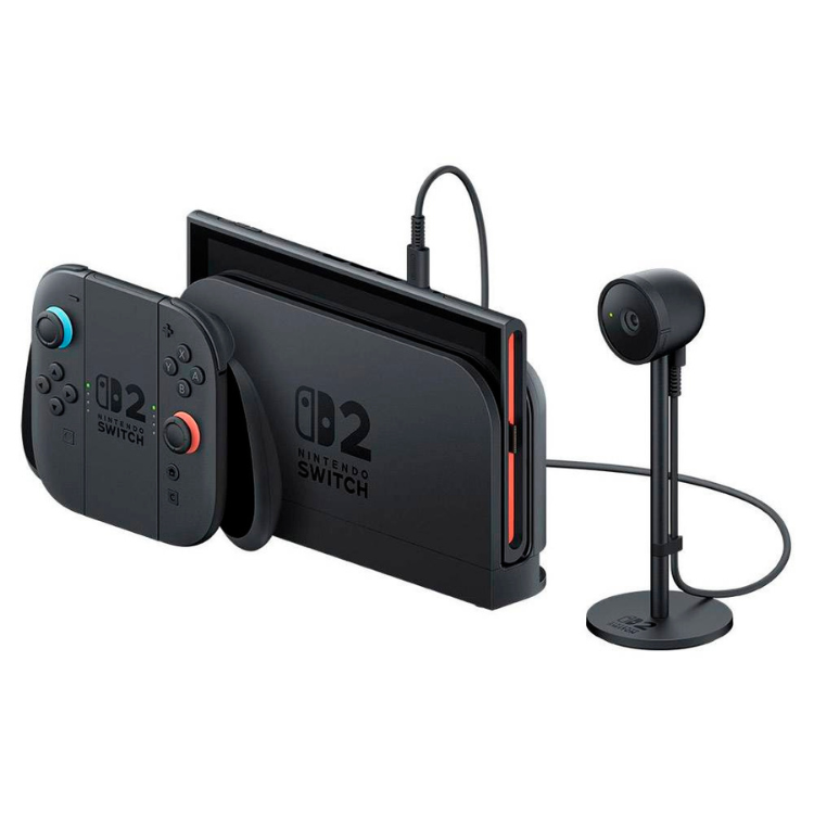 Nintendo Switch 2 console, controllers, and camera on stand.