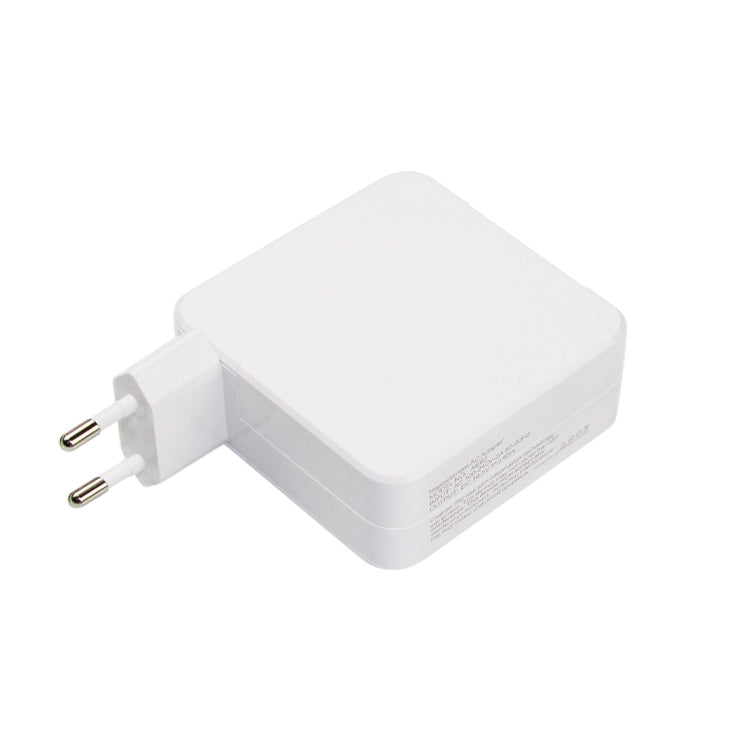 White MacBook Magsafe 61W USB-C charger, square shape, two prongs.
