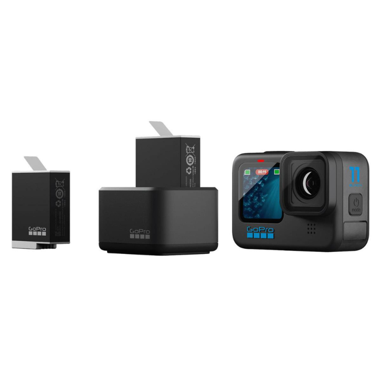 GoPro HERO camera with dual charger and two Enduro batteries.
