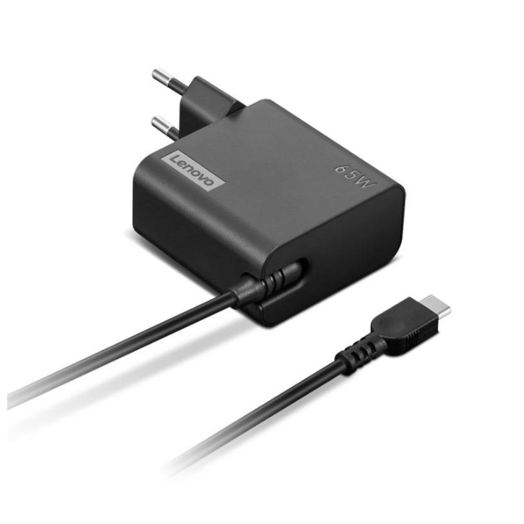 Black Lenovo 65W USB-C wall charger with cable.