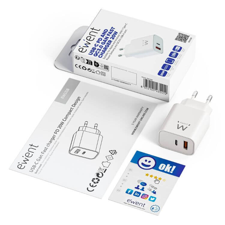 Carregador Ewent EW1318 20W 1 USB-C + 1 USB-A Branco