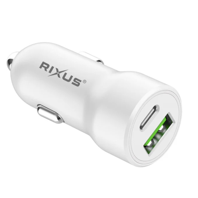 Carregador Isqueiro Rixus 20W PD+QC 3.0 USB-C+USB A Branco