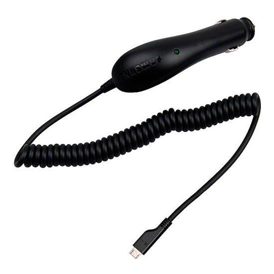 Carregador de isqueiro Samsung preto com cabo micro USB, para carregar dispositivos em viagem.