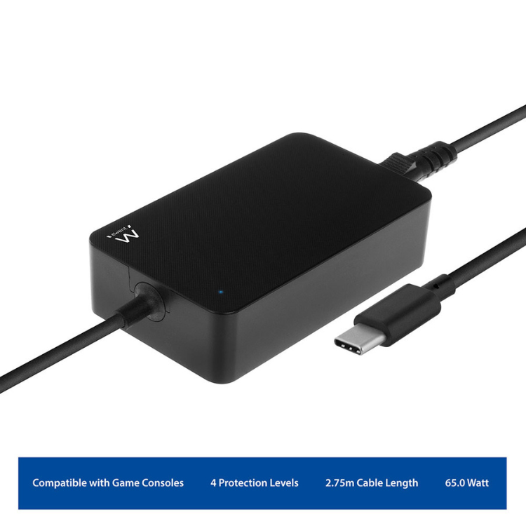 Ewent USB-C 65W Laptop-Ladegerät, Schwarz