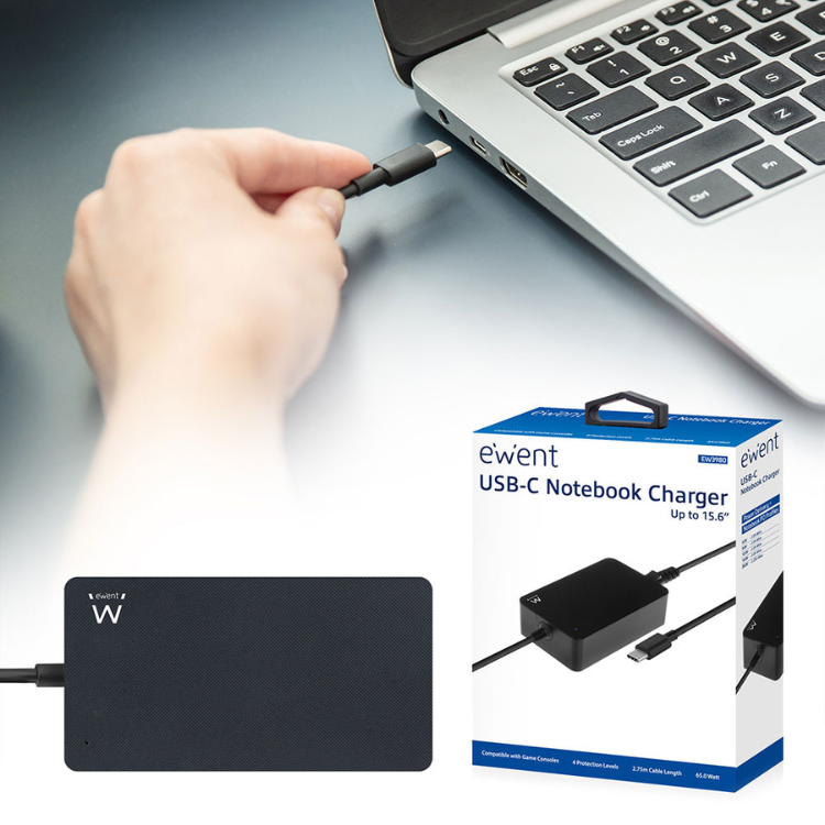Ewent USB-C 65W Laptop-Ladegerät, Schwarz