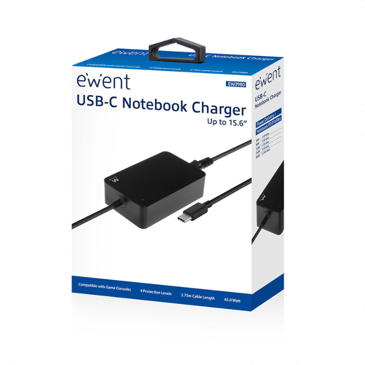 Ewent USB-C 65W Laptop-Ladegerät, Schwarz