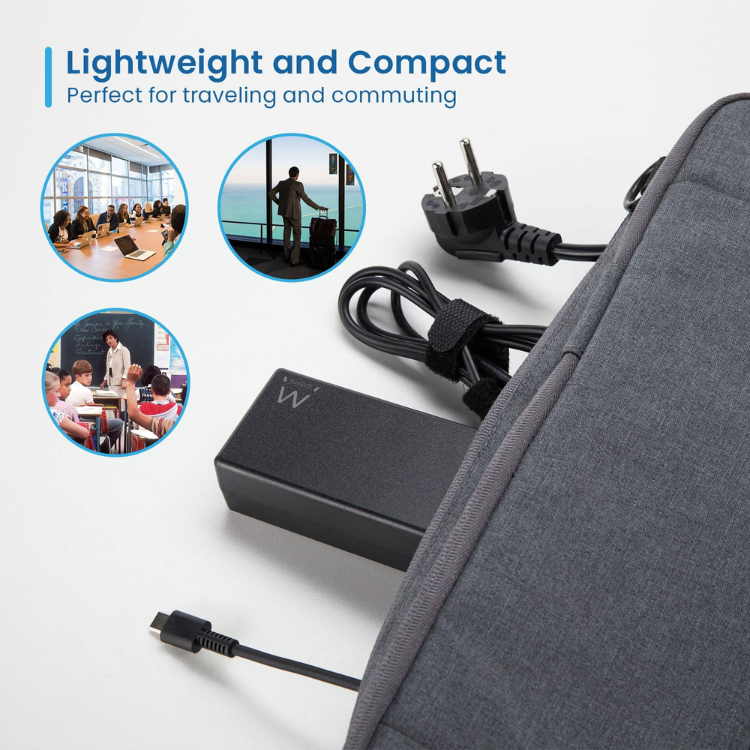 Ewent EW3982 black 90W USB-C laptop charger with power cord and bag.