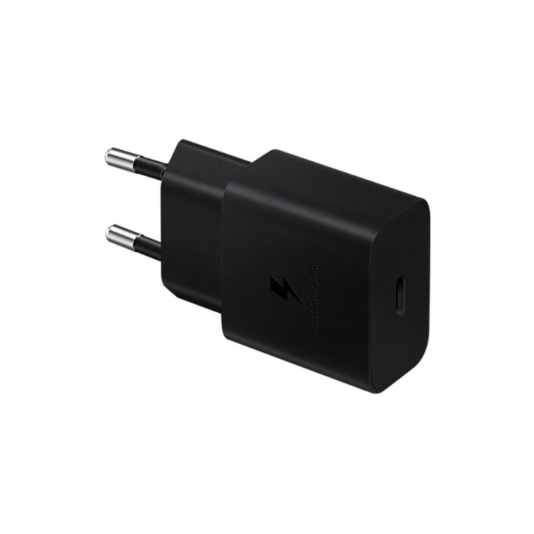 Carregador Samsung 15W preto com USB-C para carregamento rápido.