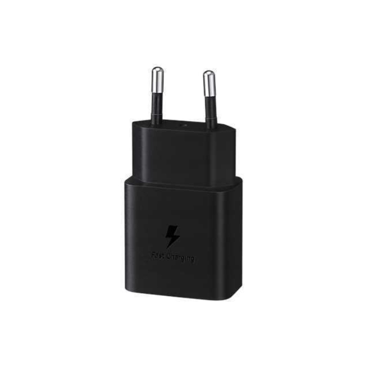 Carregador Samsung 15W preto com cabo USB-C, logótipo de carga rápida.