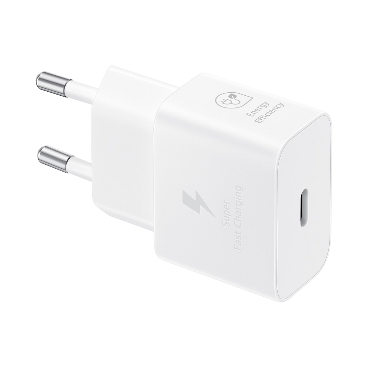 Carregador Samsung Fast Charging 25W USB-C Branco com ficha de dois pinos e logótipo de carregamento rápido.