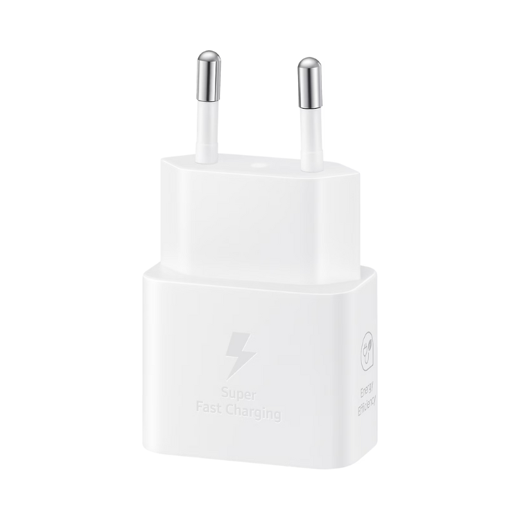 Carregador Samsung Fast Charging 25W USB-C Branco com logótipo Super Fast Charging.
