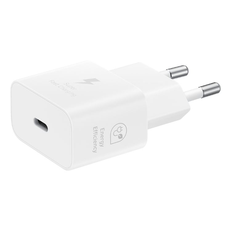 Carregador Samsung Fast Charging 25W USB-C Branco com tomada e porta USB-C.