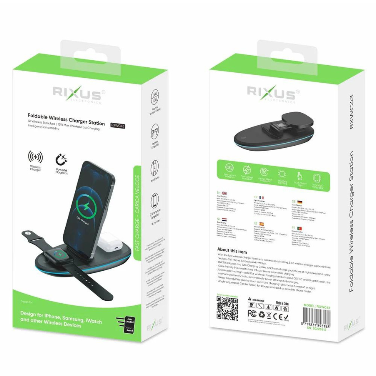 Carregador Wireless Charger Rixus RXWC43 3-1 Preto
