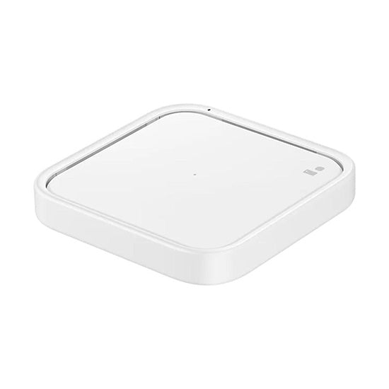 Carregador wireless Samsung Fast Charger 15W branco, vista de ângulo com fundo branco.