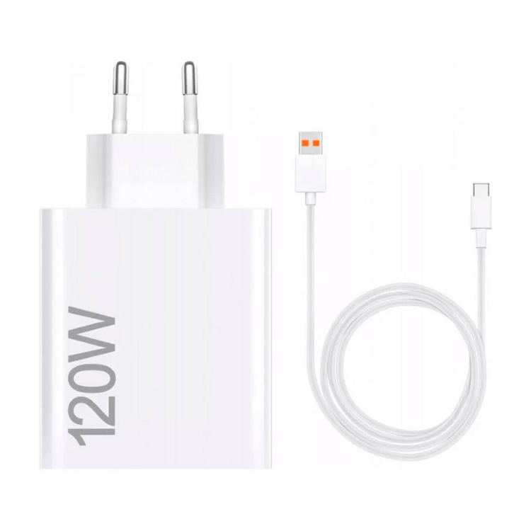 Carregador Xiaomi HyperCharge 120W branco com cabo USB-A para USB-C, 1 metro, para carregamento rápido.
